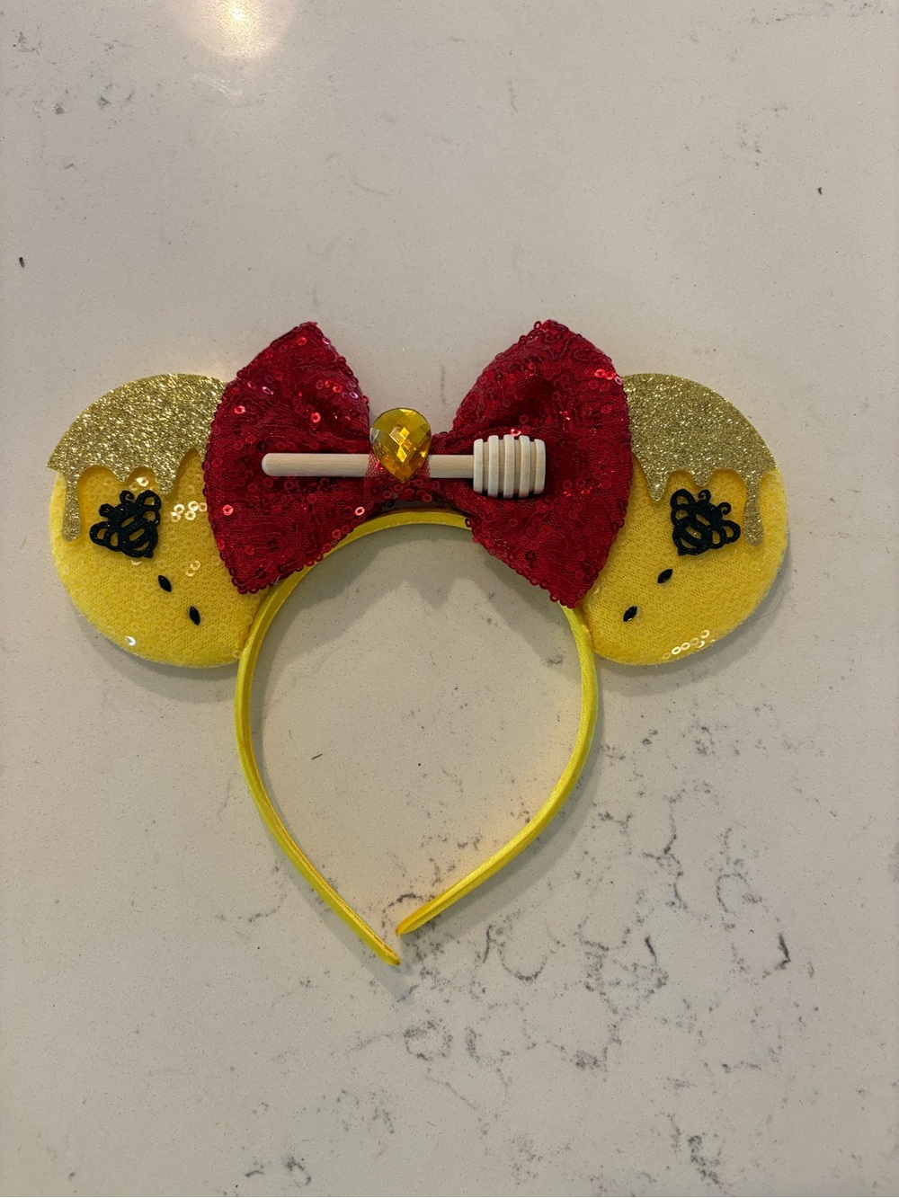 Yellow Honey Drip Winnie Pooh Bear Sequin Mouse Ears Headband with Red Bow